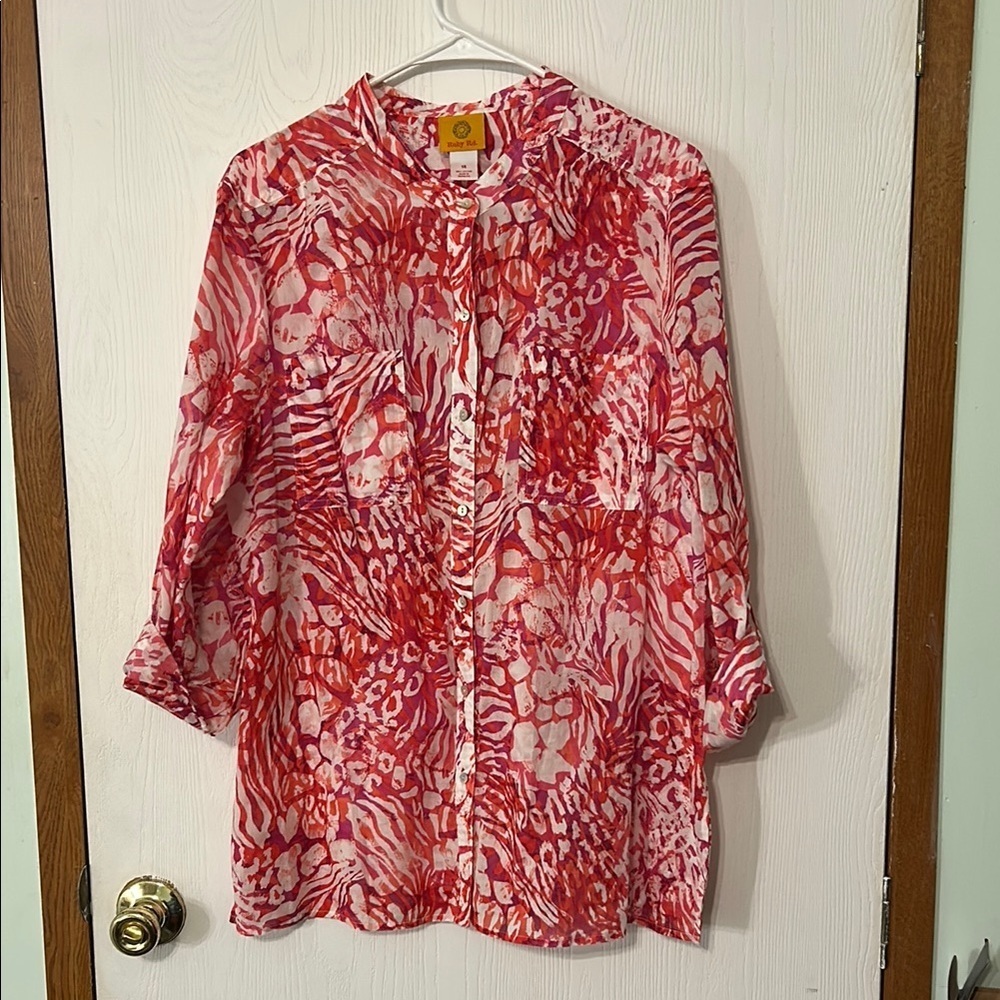 RUBY RD Vibrant Pink and Red Sheer Button-Up Blouse